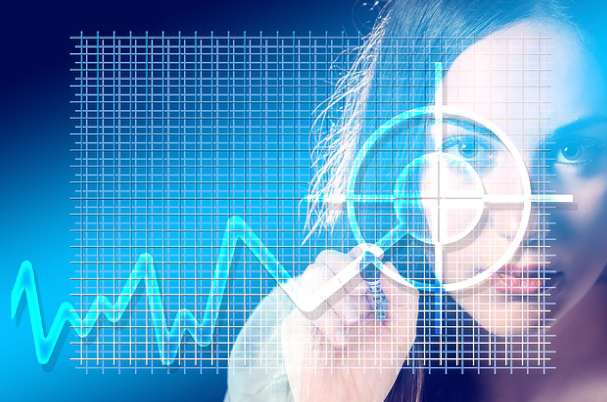 Explore bond funds is depicted by a woman with magnifying glass examining market ticker.