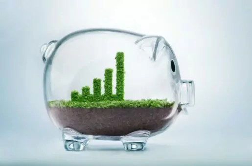 Income tax strategy guide concept of a glass piggy bank with dirt and plants growing inside in the shape of a graph.