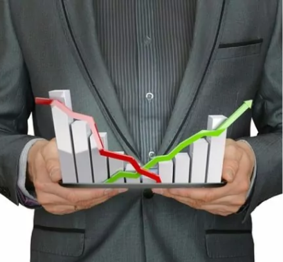 Health savings account (HSA) guide concept of a financial advisor holding a graph on his tablit with crossing red and green lines over the bar chart.