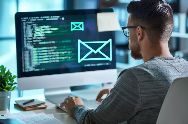 How to Create Stronger Passwords and Protect Your Online Accounts A man sitting at a desk in front of a computer scrutinizing a suspicious phishing email for cybersecurity purposes, A cybersecurity analyst examining a phishing email