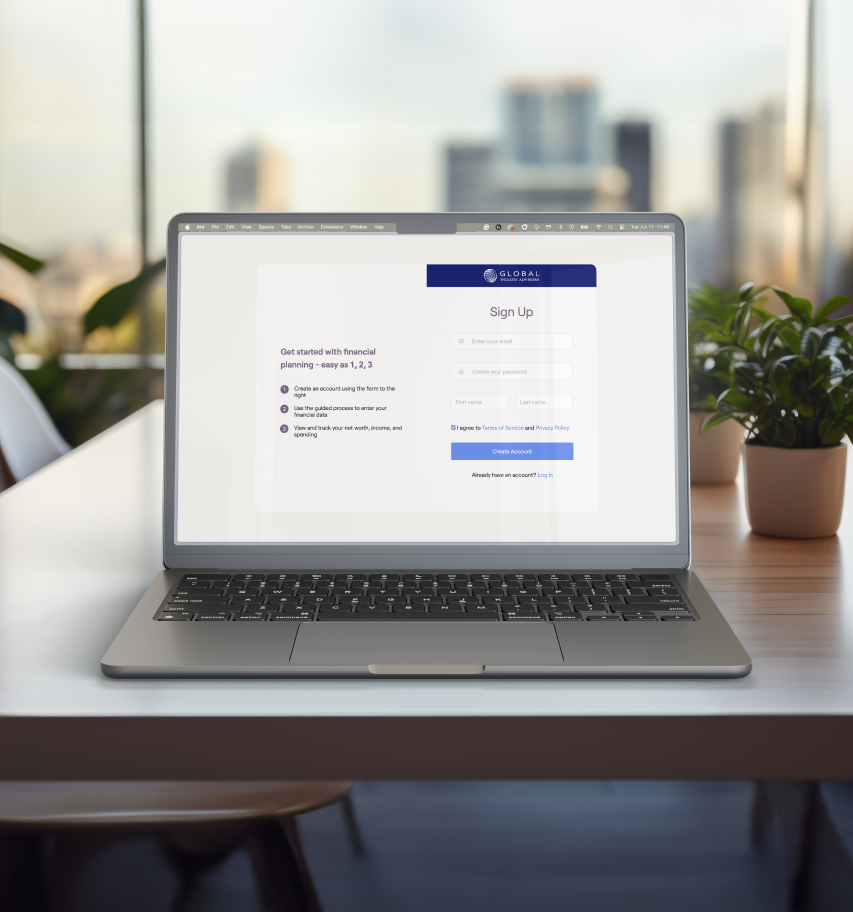 Retirement planning concept with laptop containing the login for Global Wealth Advisors.